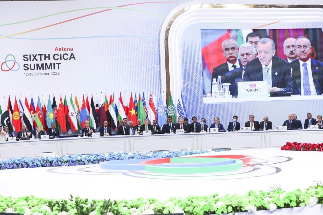 President Recep Tayyip Erdoğan speaks at the summit of the Conference on Interaction and Confidence Building Measures in Asia (CICA) in Astana, Kazakhstan, Oct. 13, 2022. (AA Photo)