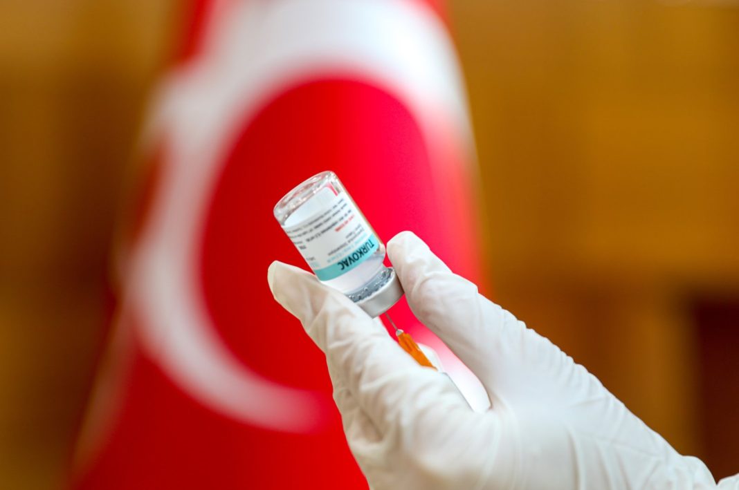 A vial of Turkish-developed COVID-19 vaccine TURKOVAC is seen in this photo.