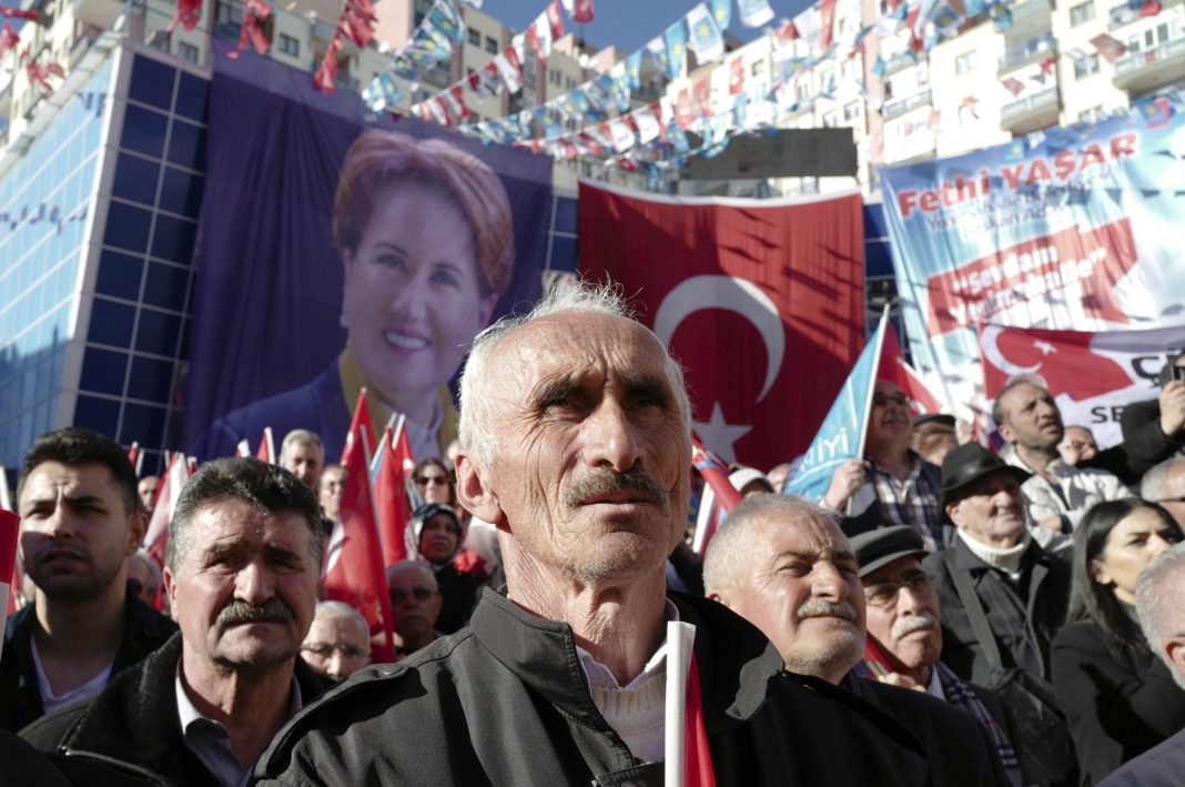 Turkish people listen to Good Party (IP) Chairperson Meral Akşener as she addresses her supporters during a rally in Ankara, Türkiye, March 25, 2019. (AP Photo)