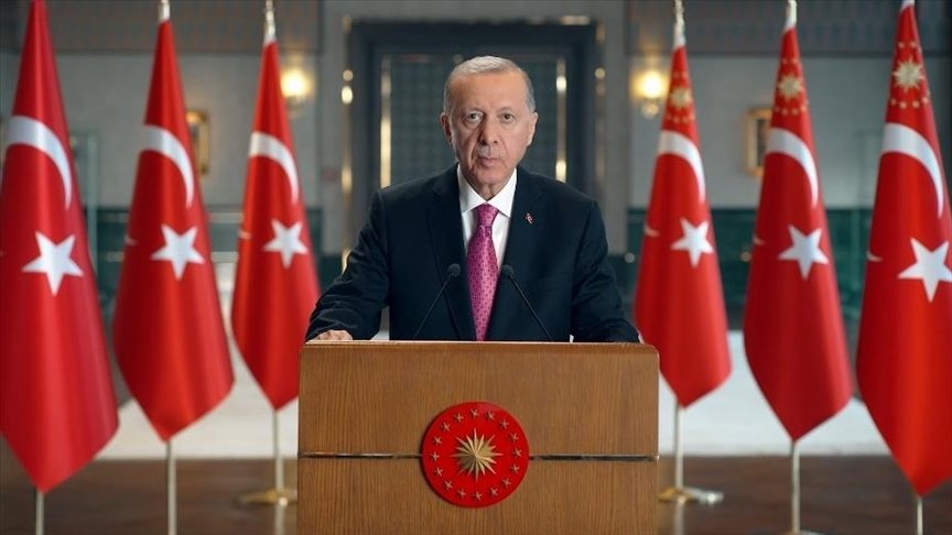 President Recep Tayyip Erdoğan speaks in a video message at the forum held in Istanbul, Türkiye, Oct. 20, 2022. (AA Photo)